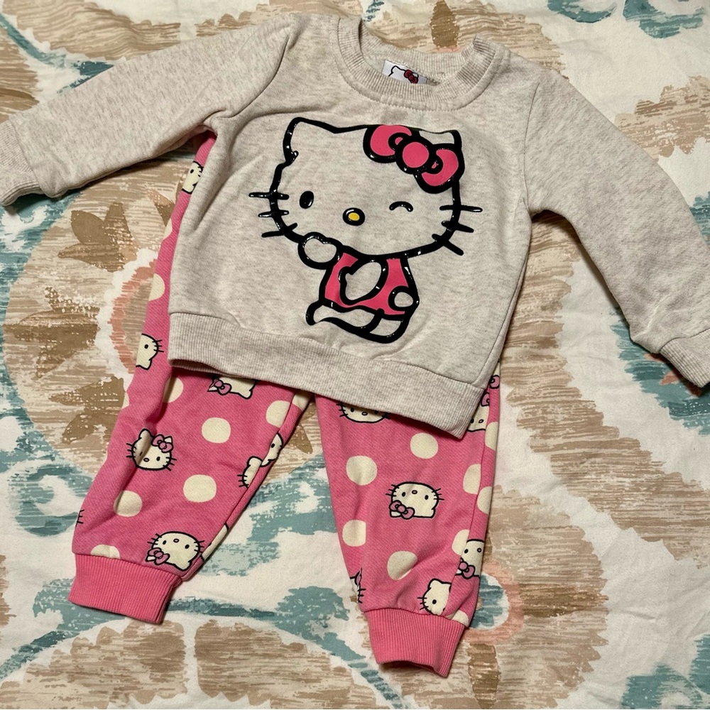 Toddler girl 12 mo Hello Kitty 2pc sweatsuit crewneck puffy graphic polka dots